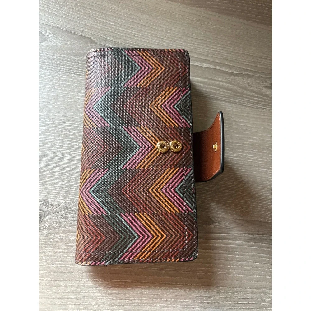 Fossil Logan Bifold Wallet Multicolor Chevron Coated‎ Canvas Leather Trim Slim
